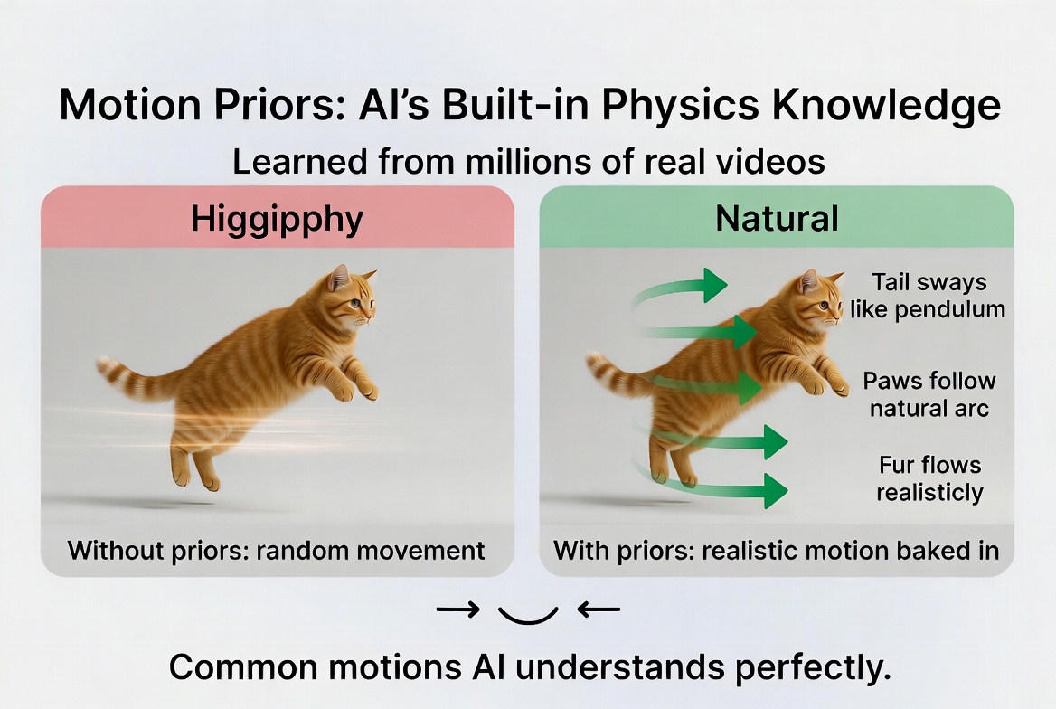 Motion priors: without priors the model produces random movement, but with priors learned from millions of real videos it generates natural motion — tail sways like a pendulum, paws follow natural arcs, fur flows realistically
