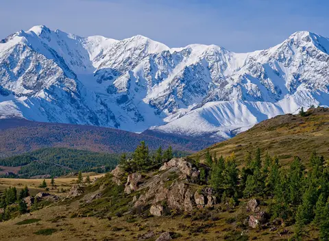 FLUX 3 clip: snow-covered mountain range above larch-covered hills in the Altai
