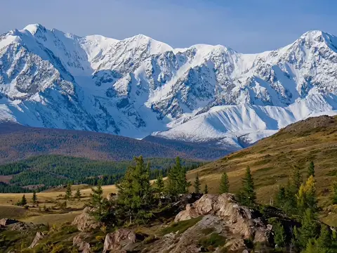 Seedance 2.0 clip: snow-covered mountain range above larch-covered hills in the Altai