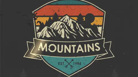 Gemini Omni Flash clip: retro mountain badge logo with the word MOUNTAINS on a dark background