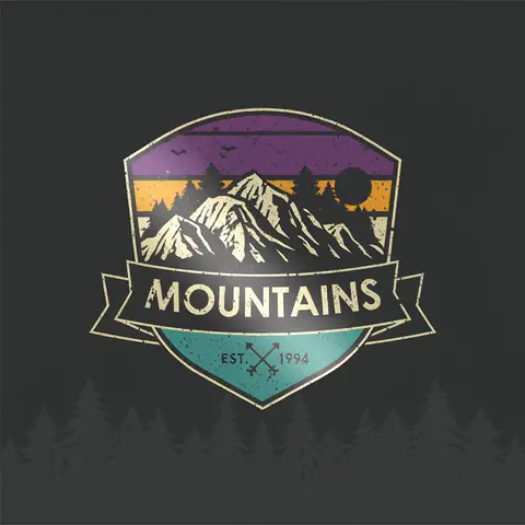 Hailuo H3 clip: retro mountain badge logo with the word MOUNTAINS on a dark background