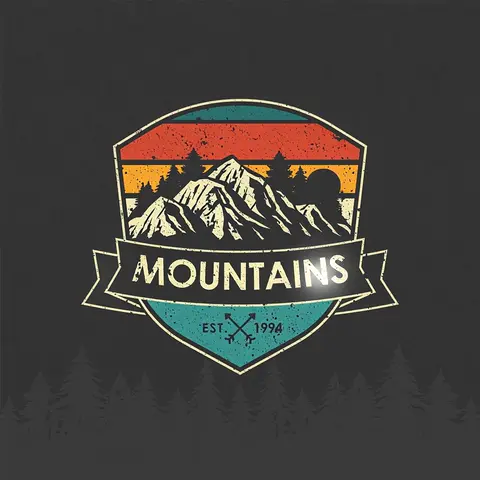Happy Horse 1.1 clip: retro mountain badge logo with the word MOUNTAINS on a dark background