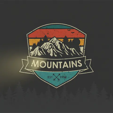 Kling 3.0 clip: retro mountain badge logo with the word MOUNTAINS on a dark background