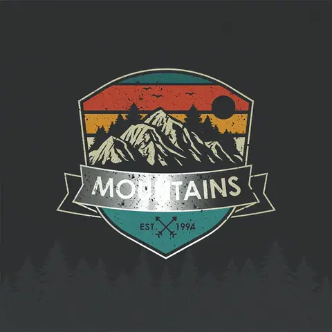 Luma Ray 3.2 clip: retro mountain badge logo with the word MOUNTAINS on a dark background