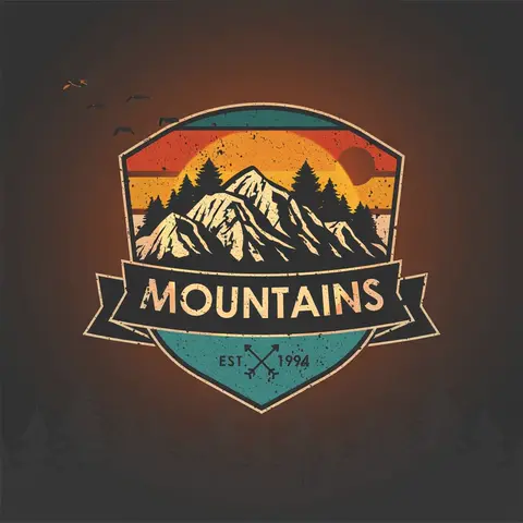 PixVerse V6 clip: retro mountain badge logo with the word MOUNTAINS on a dark background