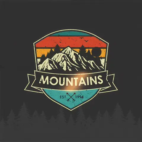 Seedance 2.0 clip: retro mountain badge logo with the word MOUNTAINS on a dark background