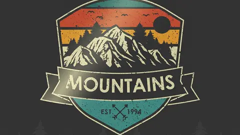 Veo 3.1 Fast clip: retro mountain badge logo with the word MOUNTAINS on a dark background
