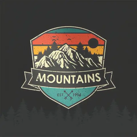 Wan 3.0 clip: retro mountain badge logo with the word MOUNTAINS on a dark background