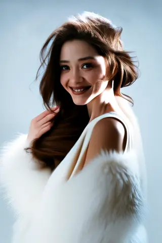 Pika 2.2 clip: studio portrait of a woman in a white fur wrap looking back over her shoulder