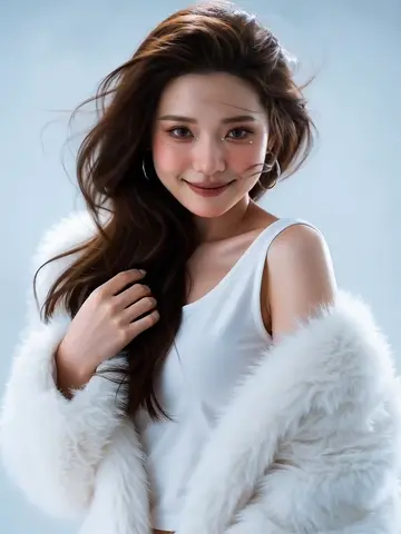 Seedance 2.0 clip: studio portrait of a woman in a white fur wrap looking back over her shoulder