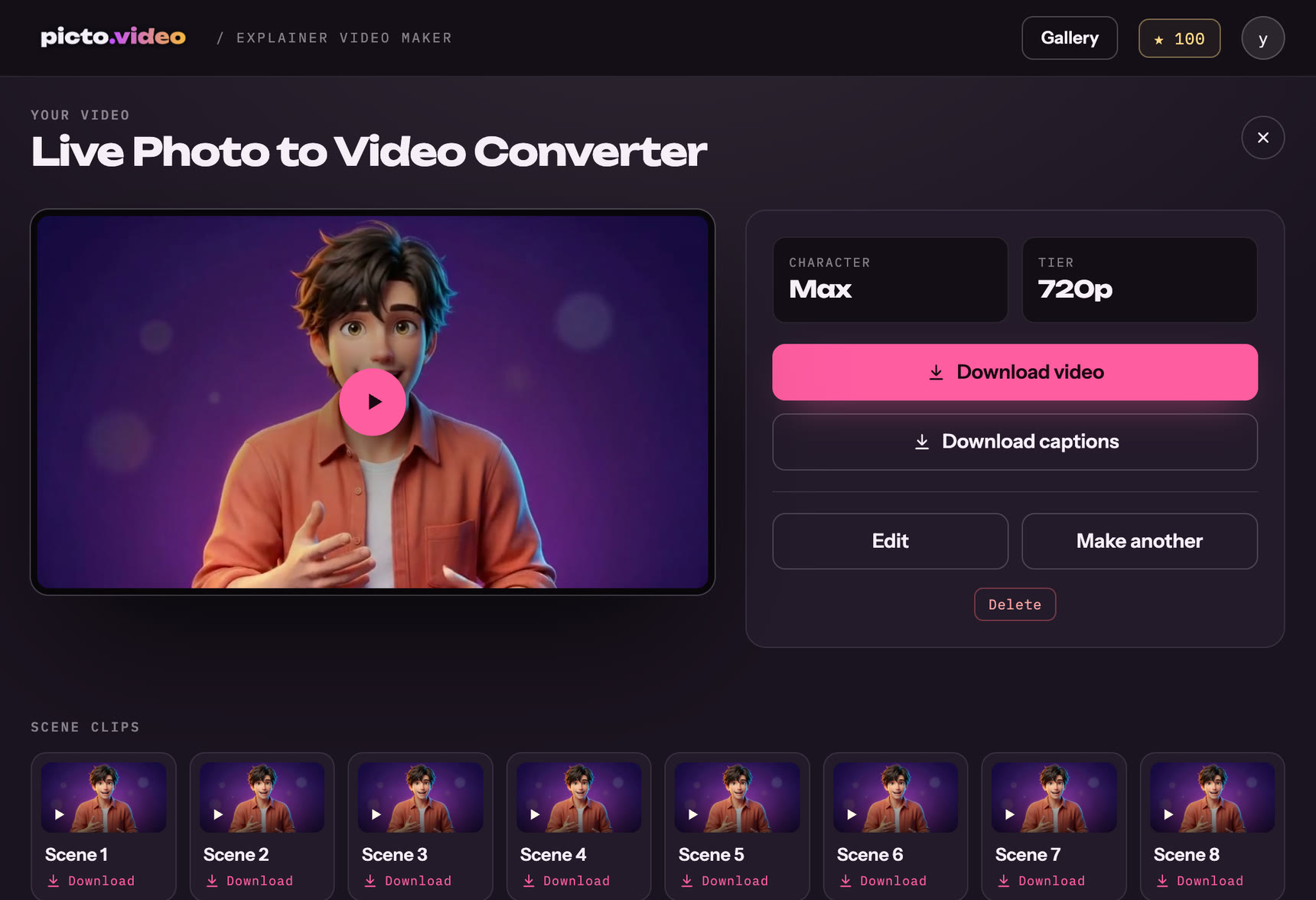 The finished video with Download video and Download captions.