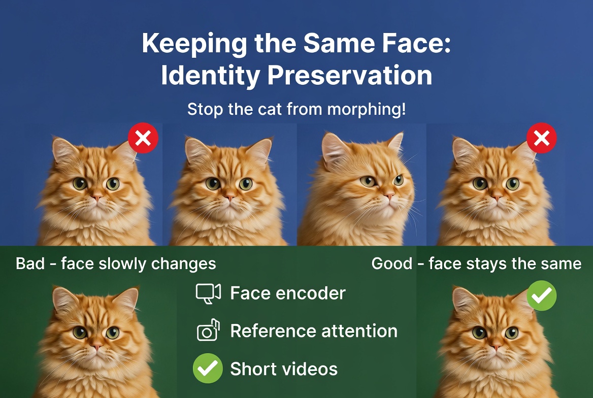 Identity preservation: without it, faces slowly change across frames. Solutions include face encoders, reference attention, and keeping videos short to prevent drift
