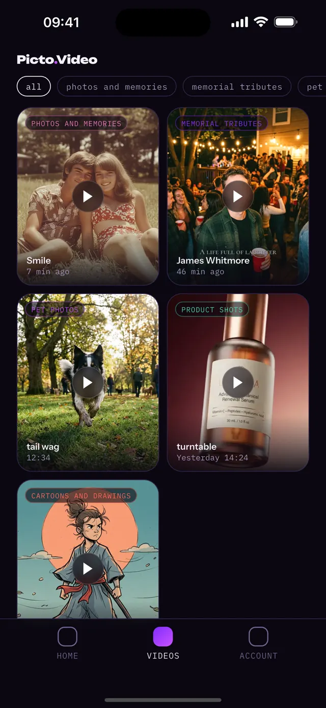 The Videos tab of the Picto.Video app, with finished videos in a grid