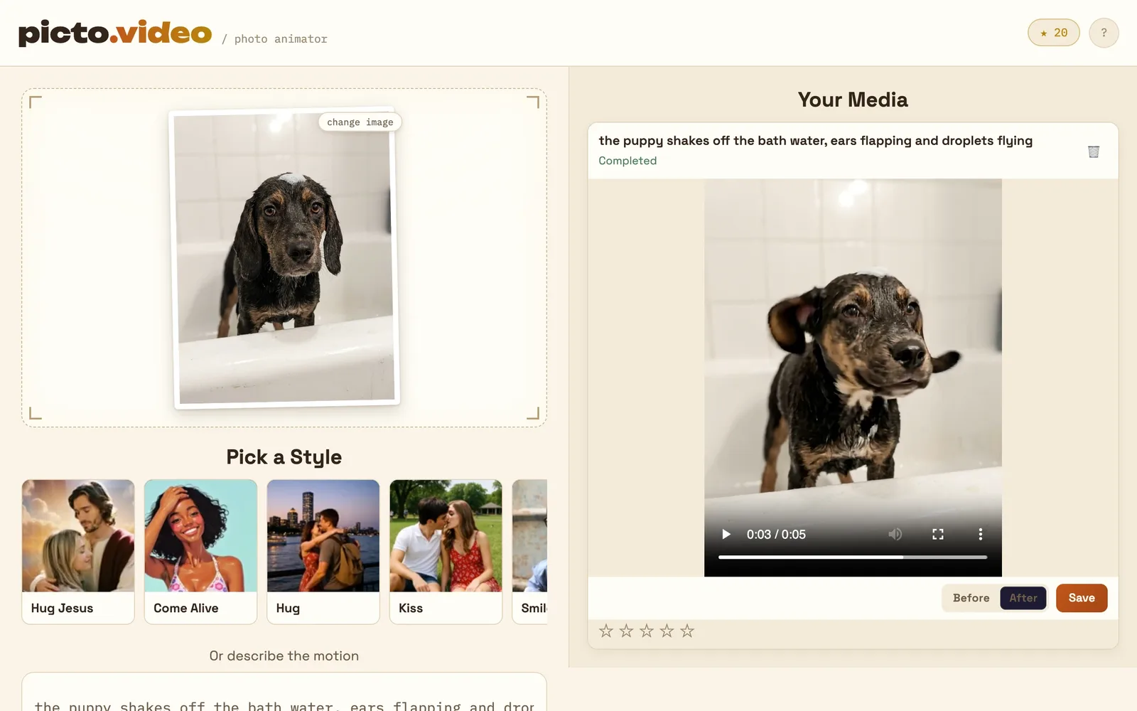 The finished video in the web app: the puppy shakes off the bath water, with the Save button under it