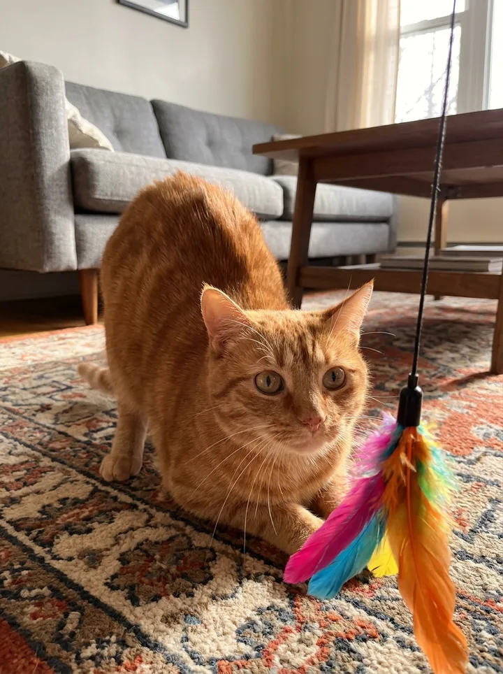 A photo of an orange tabby cat crouched low on a living-room rug, eyes on a feather toy